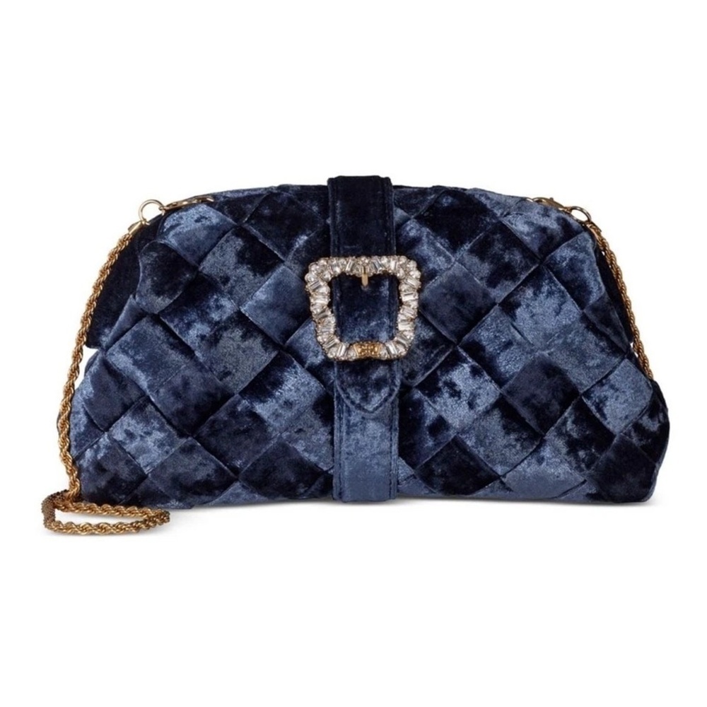NEW SAM EDLEMAN BRIT FRAME BLUE VELVET CRYSTAL CLUTCH SHOULDER BAG